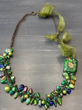 Handcrafted Green Bead Statement Necklace with Floral Pendant